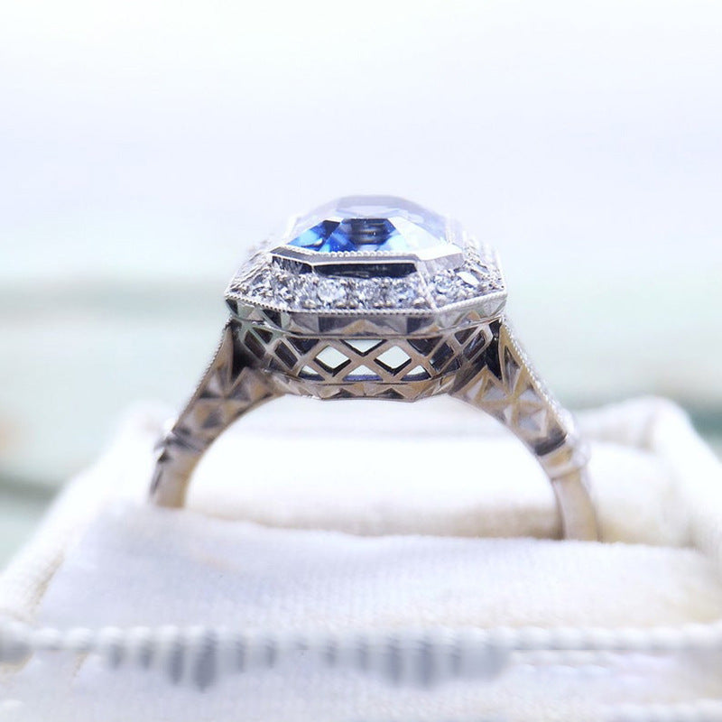Fashion Long Hexagon Blue Metal Temperament Women's Ring
