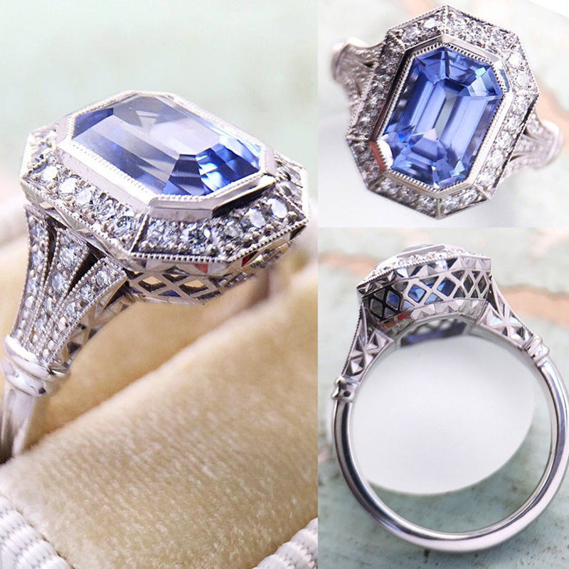 Fashion Long Hexagon Blue Metal Temperament Women's Ring
