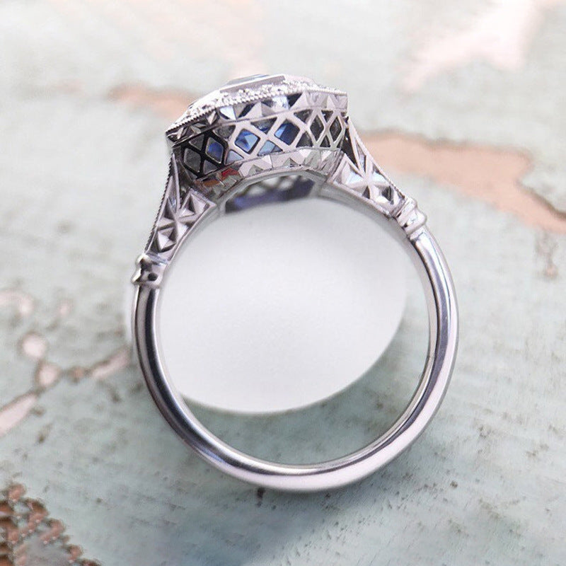 Fashion Long Hexagon Blue Metal Temperament Women's Ring