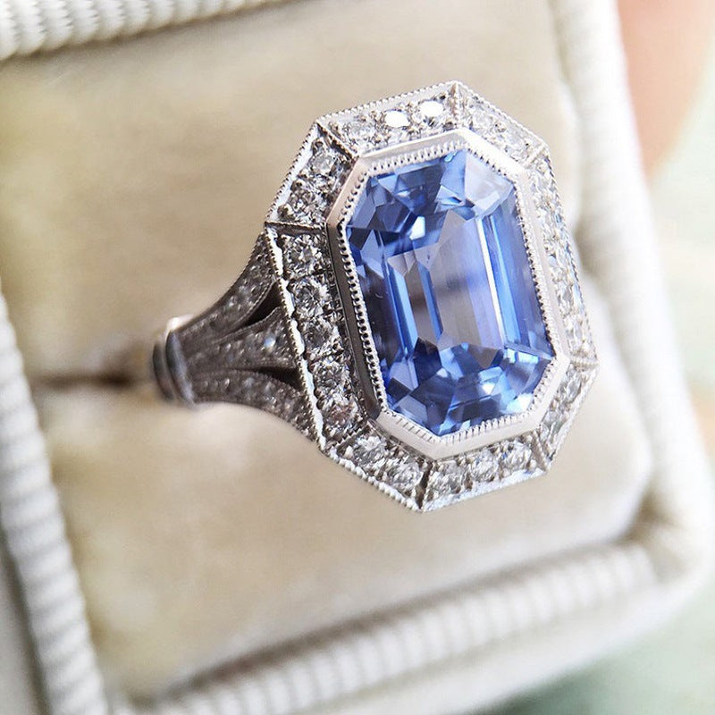 Fashion Long Hexagon Blue Metal Temperament Women's Ring