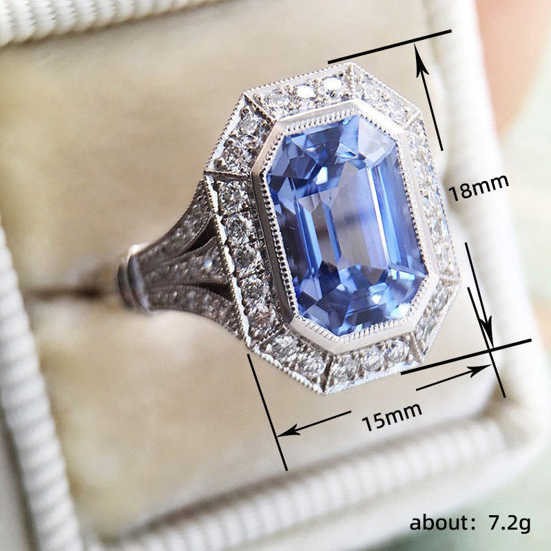 Fashion Long Hexagon Blue Metal Temperament Women's Ring